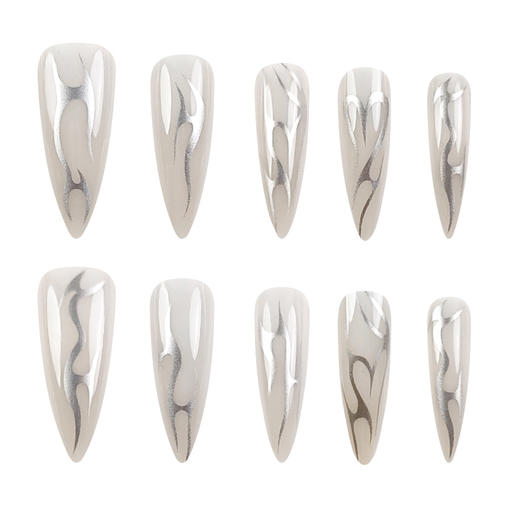 Ventas transfronterizas más populares de plata flame fluye brillante manicura Cool Sha atractivo largo desgaste de uñas 24 piezas de parche de uñas falsas