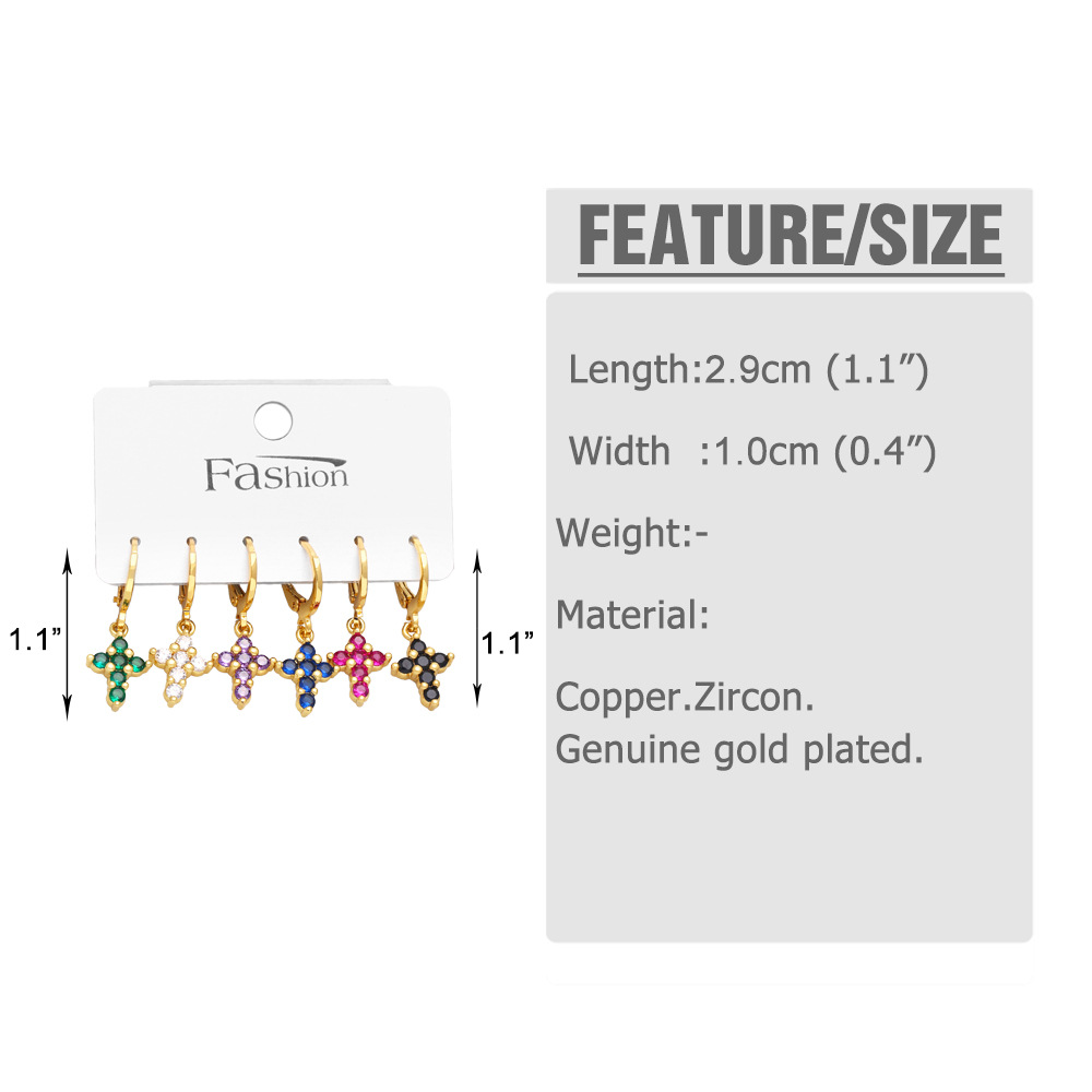 Fashion Cross Copper Drop Earrings Inlay Zircon Copper Earrings 6 Pieces