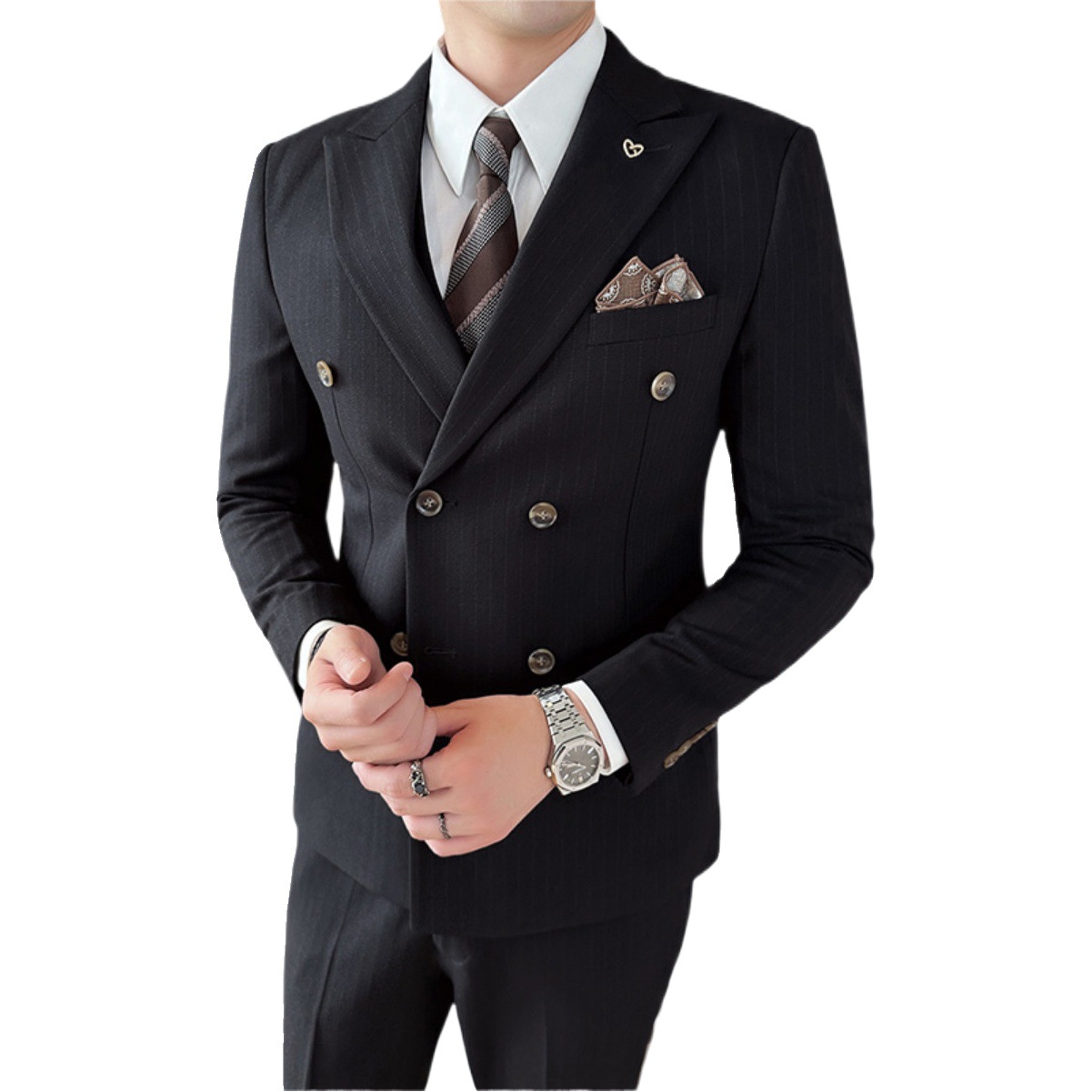 New Men's double-breasted gun collar suit men's slim striped bridegroom dress business formal dress host banquet dress