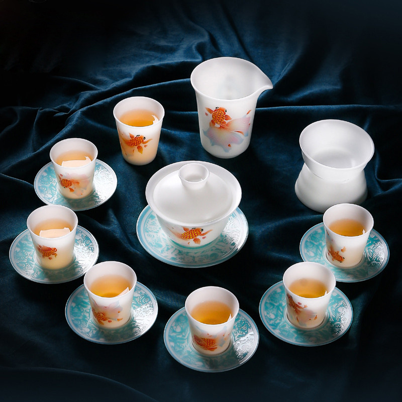中国风金鱼冰种羊脂玉瓷功夫茶具套装礼品德化白瓷泡茶盖碗礼盒装