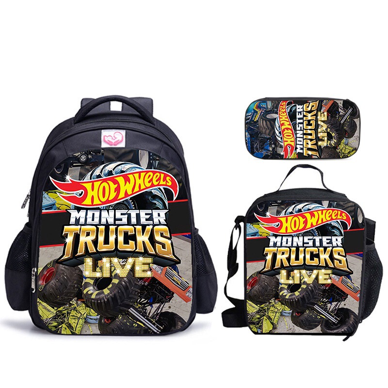 Hot Wheels Monster Truck themed three-piece set: backpack, pencil case, lunch bag, children's school storage set