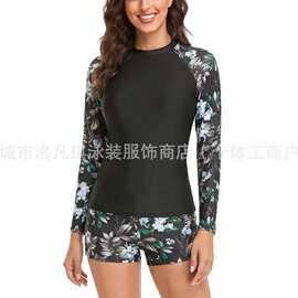 2026跨境欧美潜水冲浪服长袖修身时尚防晒印花分体泳衣女装泳装女