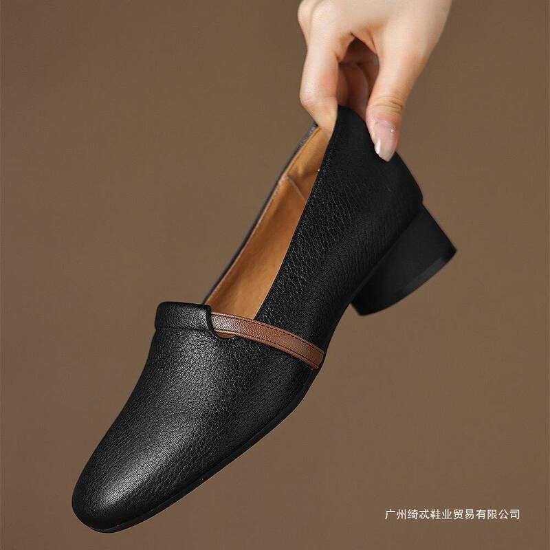 2025 New Autum Retro Super Soft Thick Heel Shallow Mouth Flats Women's Soft Leather Soft Sole Square Toe High Heels High-End Small Leather Shoes