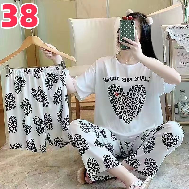 睡衣女夏季新款卡通三件套可爱简约休闲圆领家居服套装可外穿|undefined