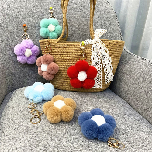 Creative flower fur ball keychain, cute plush flower bag pendant, mobile phone accessories, car key ring gift