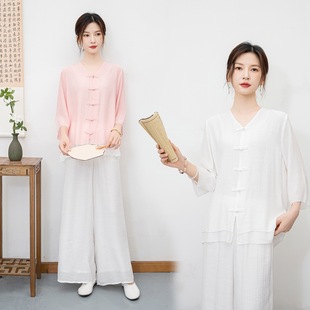Real Shot # 2024 New Ethnic Style Cotton and Linen Zen Meditation Practice Clothes Two-Piece Set Chinese Style Yoga Clothes Tea Clothes for Women
