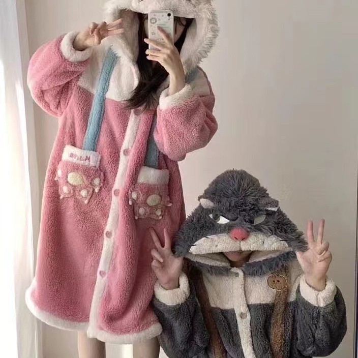 冬季可爱新款卡通玛LI猫鲁斯佛系列加绒加厚情睡袍睡衣家居服套