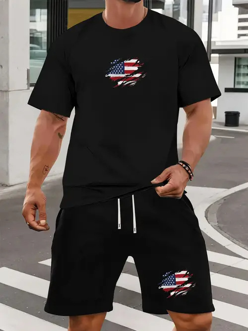 Comercio exterior europeo y americano Amazon 2025 nueva moda patrón de estrella de cinco puntas camiseta de manga corta pantalones cortos traje ME2 MA1