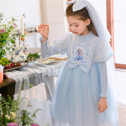 Princess Elsa Dress for Girls, Sweet and Fluffy Autumn Dress with Head Scarf for Little Girls, Elsa-style Skirt
