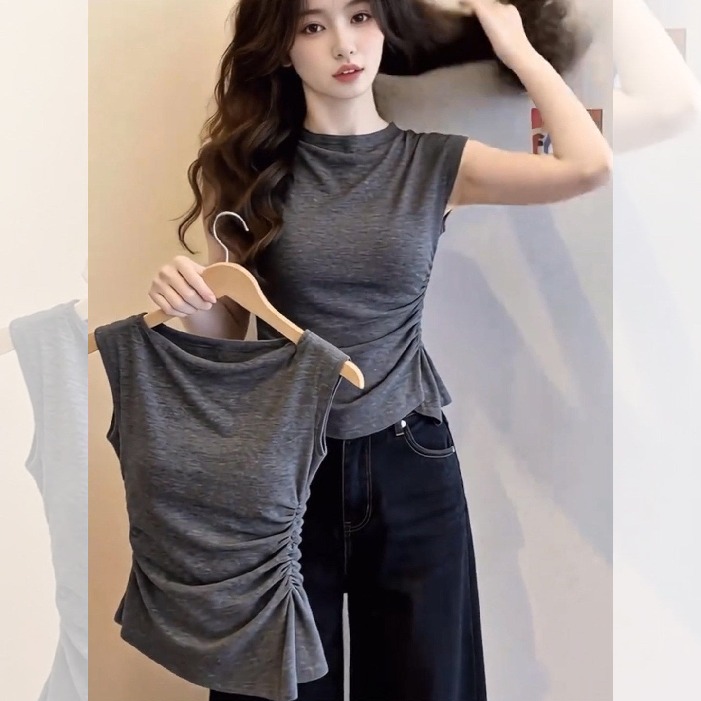 Áo thun nữ tay ngắn xếp ly cổ tròn dáng suông tay lỡ bay — màu xám chi tiết 4
