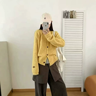 软糯马海毛针织开衫女装圆领单排扣宽松短款毛衣外套多色现货定制