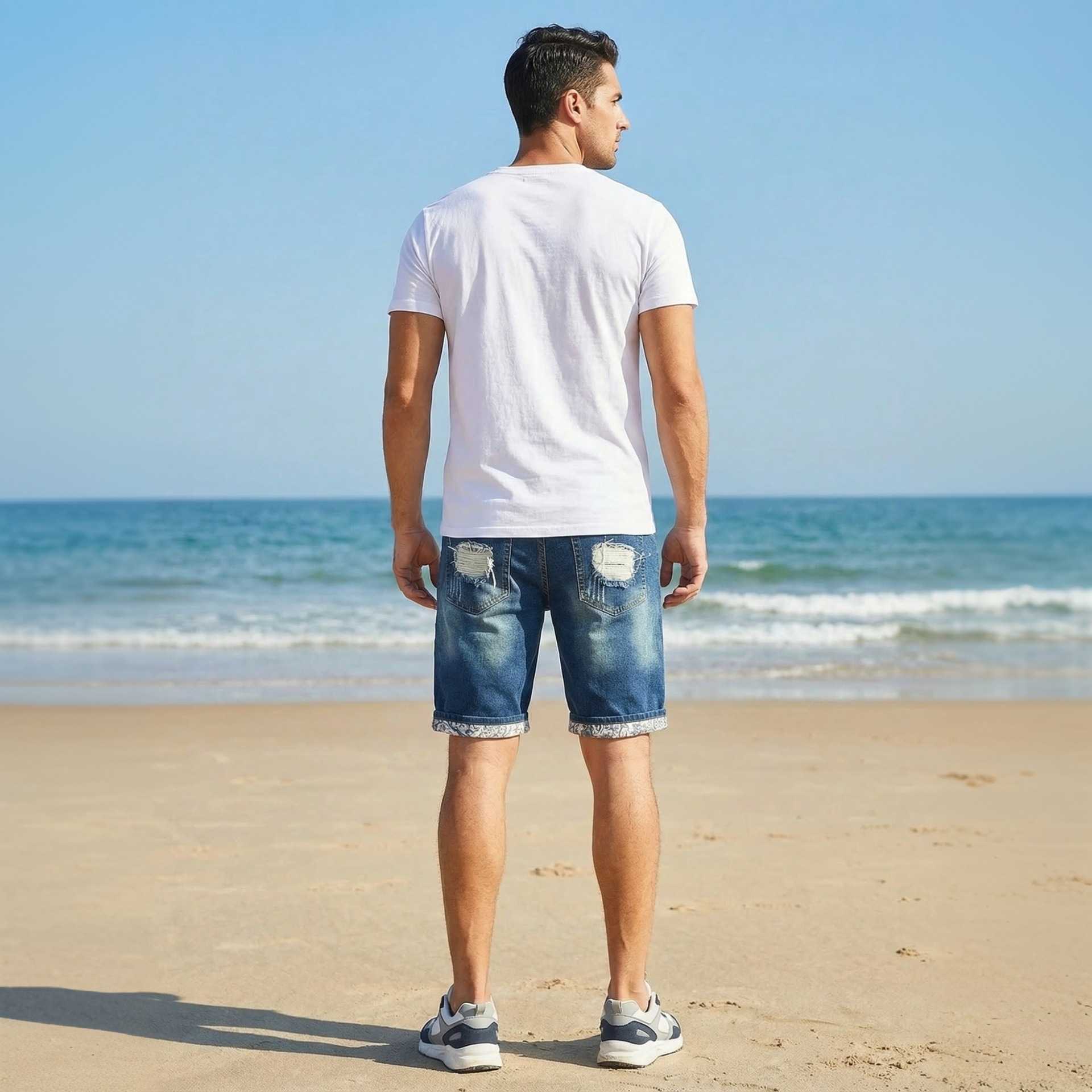 Men's Trendy Ripped Patched Denim Shorts Mid-Length Street Style Summer Riding Breeches Trade Hot Selling_mkmklike.com