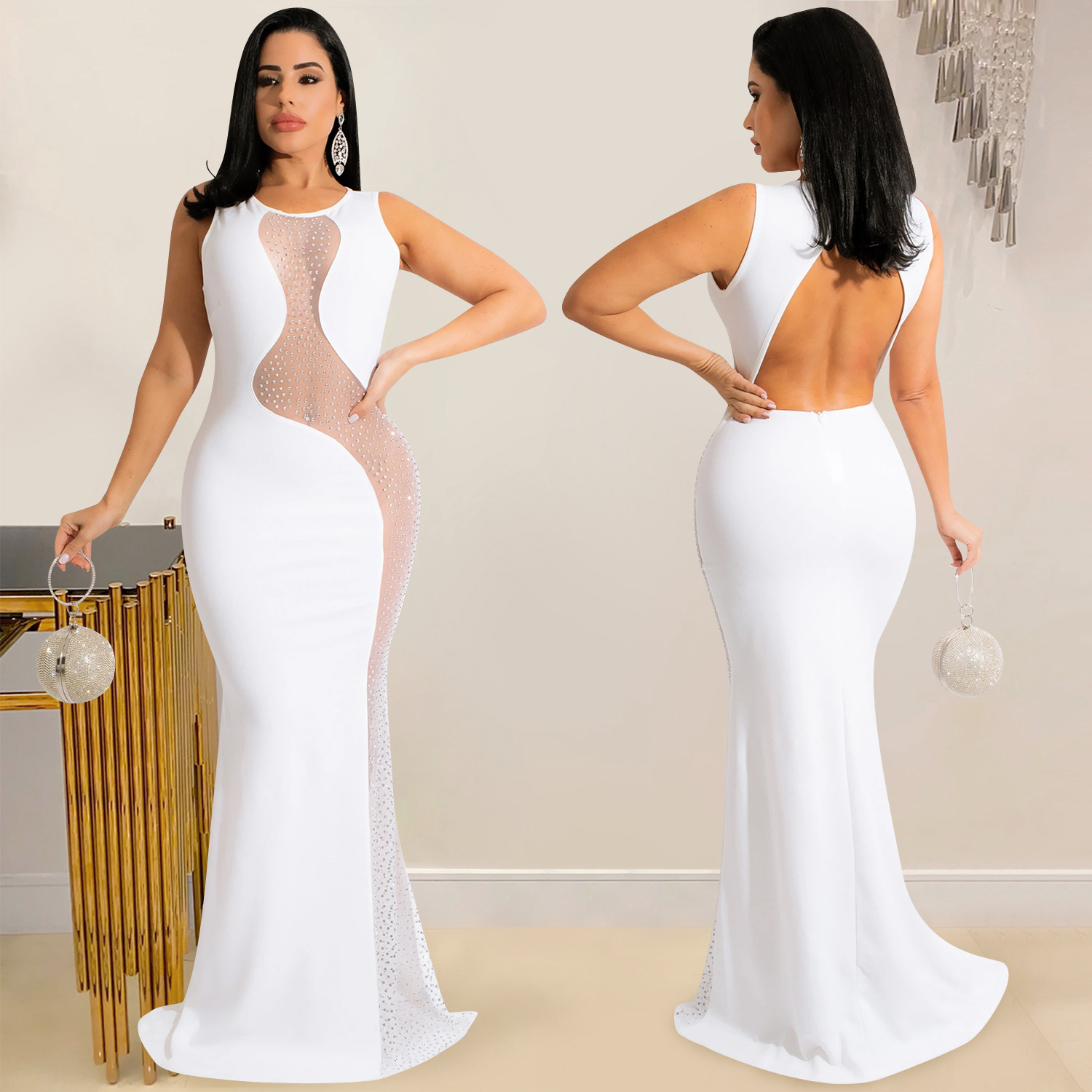 X5580 AliExpress Amazon discoteca estilo sexy rhinestone malla transparente sin mangas backless vestido de las mujeres