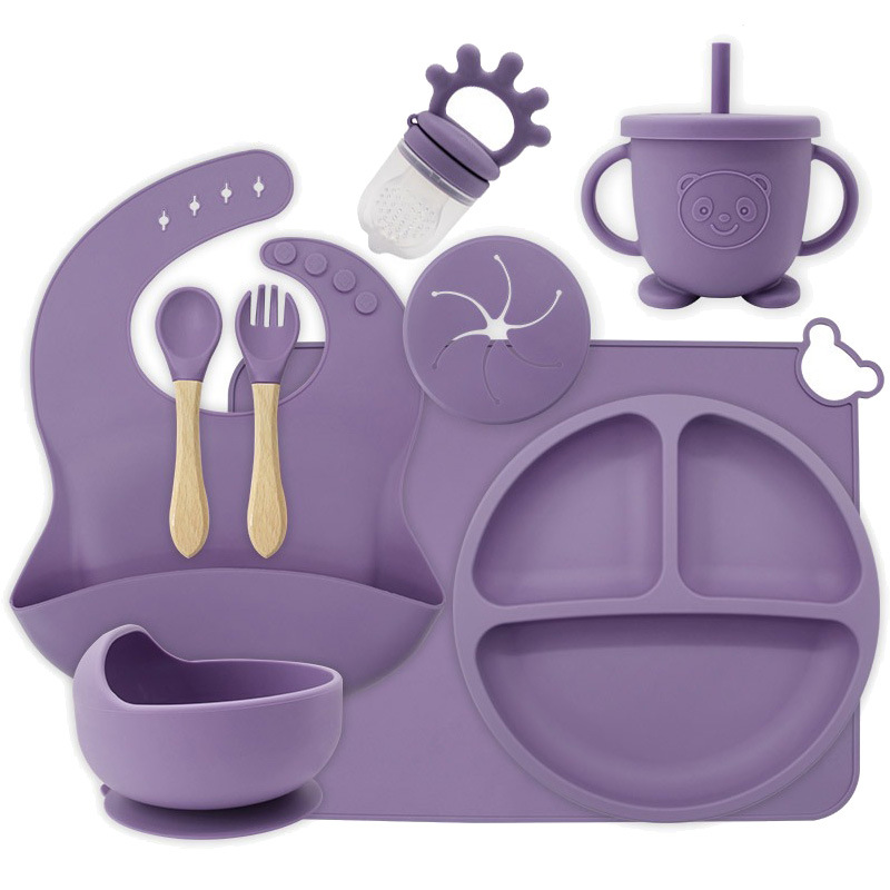 Juego de vajilla de silicona de una pieza, juego de diez piezas, plato de alimentación complementaria para bebés de seis meses, tazón de alimentación independiente para bebés