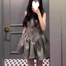 【带安全裤】夏季新款设计感灰色格纹蛋糕蓬蓬裙同款少女无袖连衣
