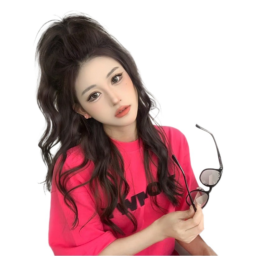 Peluca de pelo largo de las mujeres pelo de simulación chica vigorosa luz sin sensación de caída medio lazo princesa cascada Pelo Rizado alta Cola de Caballo peluca