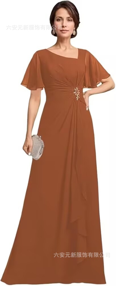 Vestido de novia de gasa de Amazon vestido de madre mariposa de manga corta plisada larga aplicación vestido de invitado de boda