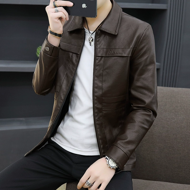 Кожаная куртка модная молодежь 2024 осень и зима мужское кожаное пальто PU мужское корейское повседневное мужское пальто