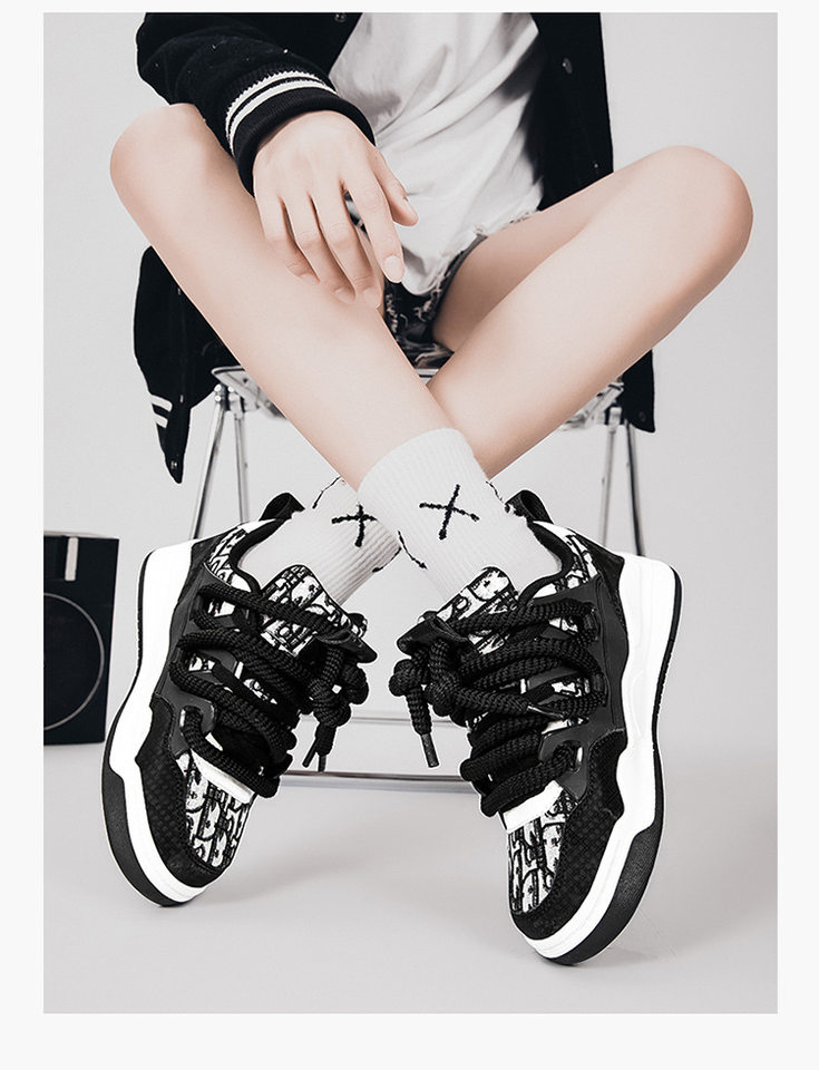 Giày sneaker unisex cổ thấp đế dày phối màu, thân lưới thoáng khí, form rộng dễ mang — Trắng, đen chi tiết 23