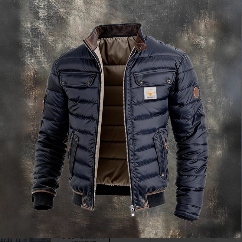 2026 Cross-Border Amazon Men's Retro Leather Quilted Patchwork Warm Zipper Outdoor Jacket
