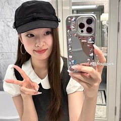 韓国風シンプル可愛い女の子向けミラーキャット柄iPhone15promax/Apple14スマホケース17新作
