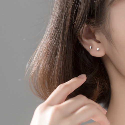 925 Silver Needle Earrings for Women - Korean Style, Fashionable and Simple, Polished Square Stud Earrings - Elegant and Small, Rectangle-shaped Earrings