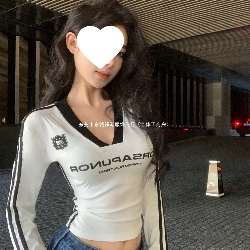 美式辣妹撞色字母复古打底印花长袖秋季运动恤显瘦修身短款上衣|undefined