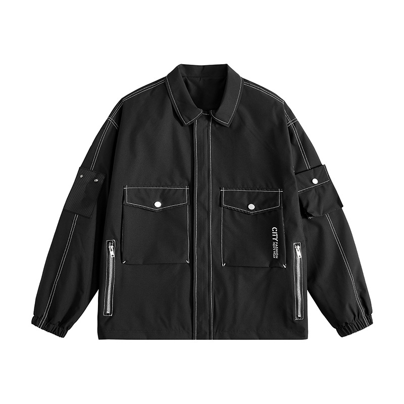 Men's Clothing trendy brand large size autumn windbreaker collar solid color two color line men's plus fat loose jacket outdoor windproof_voghion.com