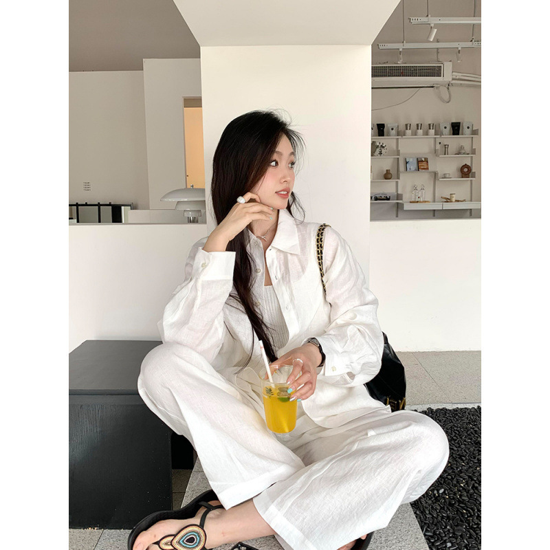2025新款棉麻女套装休闲白色衬衫春夏时尚气质亚麻防晒衬衣两件套|undefined