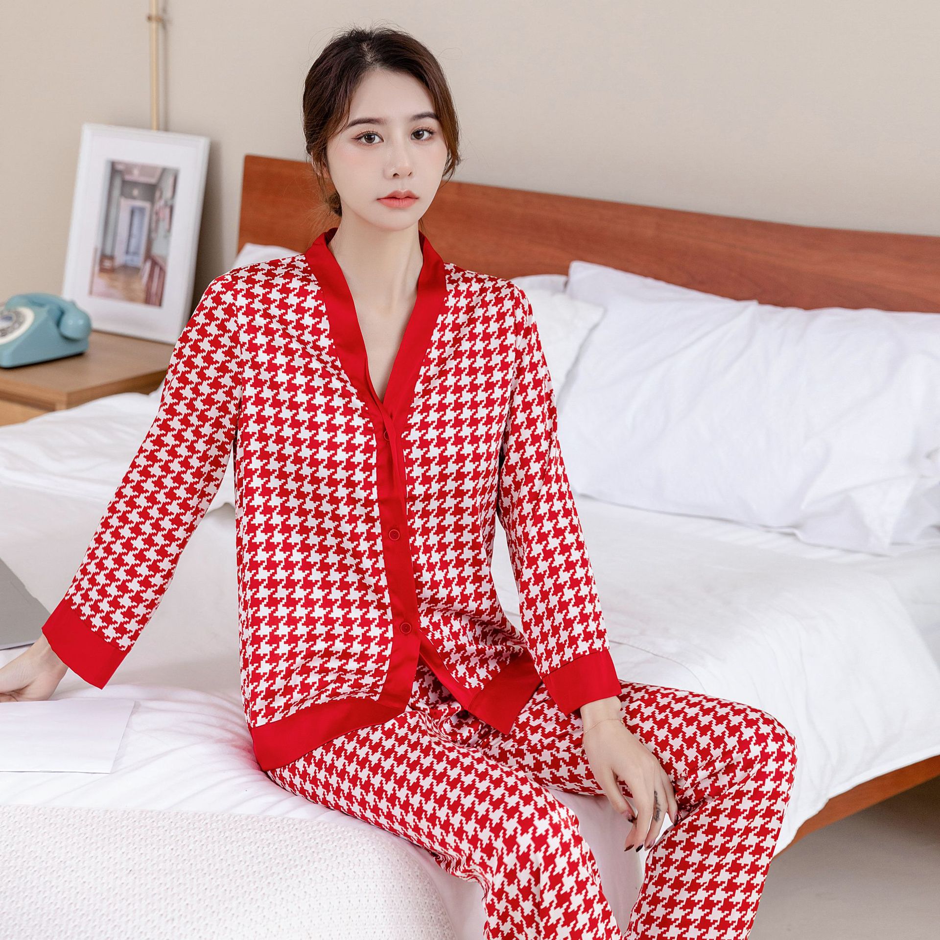 버건디 격자 무늬 더블 롱