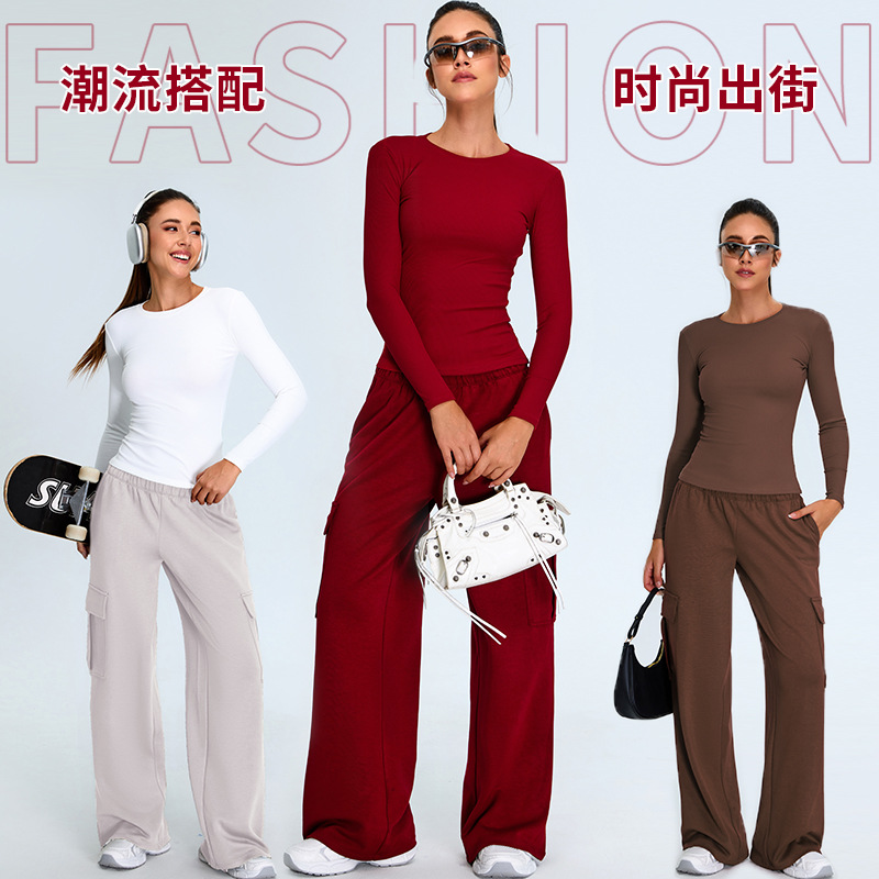 Nuevo conjunto de yoga delgado transfronterizo, camiseta deportiva desnuda de rosca fina para mujeres, conjunto de ropa de ejercicio para correr