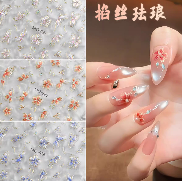 New Chinese-Style Enamel Flower Nail Stickers with Flowing Sand Silver and Gold Foil Texture, Multi-Color Gradient, and Ancient Style Nail Stickers New Chinese-Style Enamel Flower Nail Stickers with Flowing Sand Silver and Gold Foil Texture, Multi-Color Gradient, and Ancient Style Nail Stickers