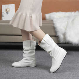 中筒靴女秋冬新款黑色白色短筒靴内增高女式宽口靴子女靴马丁靴鞋