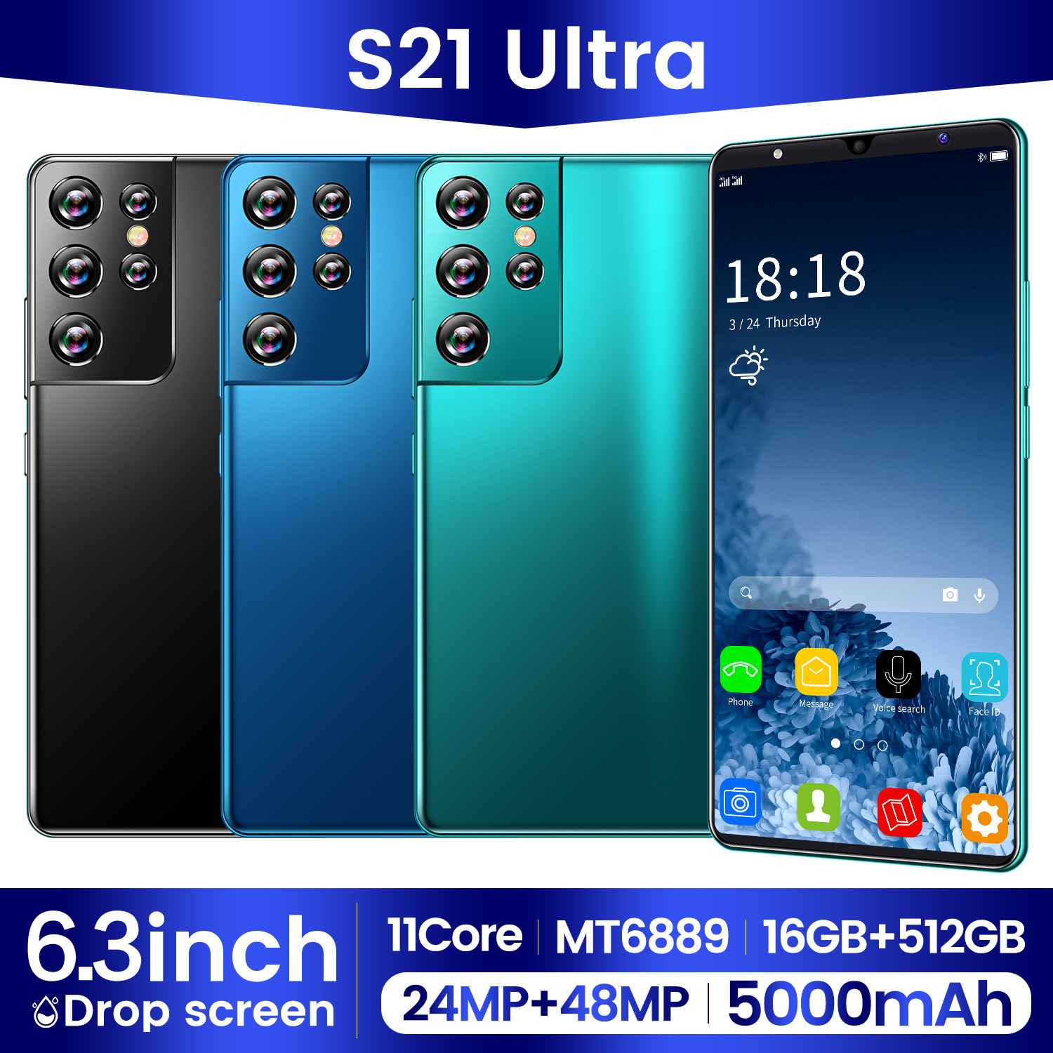 跨境电商爆款外贸S21U 6.3寸5G智能手机安卓1+4 厂家现货直供代发
