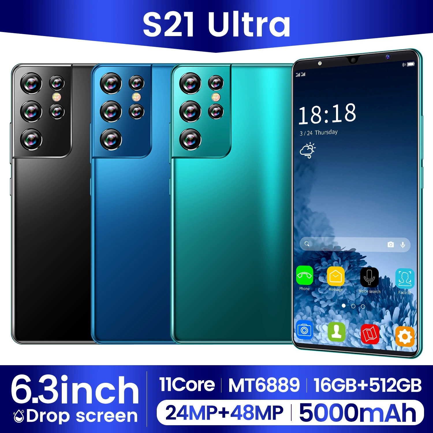 Смартфон S21, Android, 6,3-дюймовый, 4+64 ГБ, 5G/4G, отпечаток пальца и распознавание лица