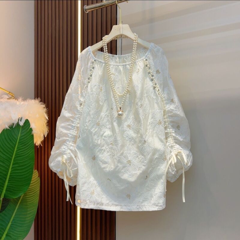 Plus-Size Women's Clothing, Chinese-Style Jacquard Lace, 2026 Spring Embroidered National Style Blouse, Loose Shirt Top, Soft Satin, High Elasticity