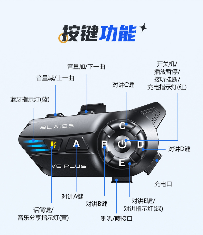 BLAISE V6PLUS Helmet Bluetooth Headset Motorcycle Rider Long Endurance Intercom Car Full Helmet Built-in Ear
