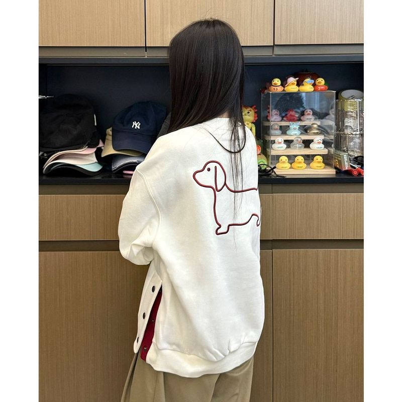 美式复古撞色小狗刺绣圆领卫衣女秋冬设计感小众潮牌宽松长袖上衣|undefined