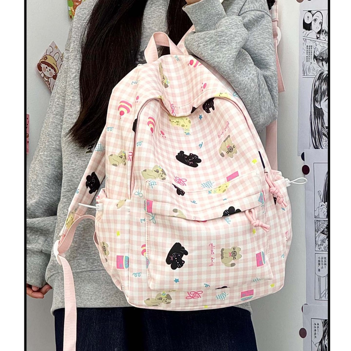 School Bag Japanese Style Ins Fresh Sweet Cute Two-Dimensional Plaid Junior High and High School Backpack Color-Blocking Large Capacity Backpack