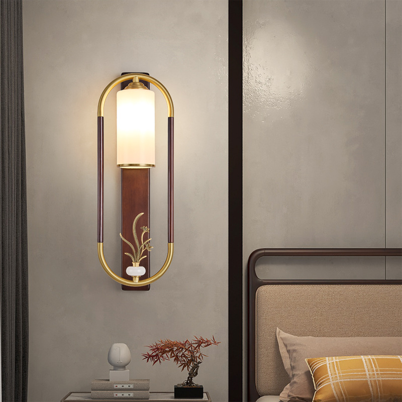 Nueva lámpara de pared de fondo de estilo chino para la sala de estar Zen estilo chino lámpara de pared de madera sólida de cobre hotel dormitorio lámpara de cabezal de cama 667L