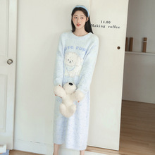 冬季新品 日系甜美可爱帽子熊半边绒睡裙 保暖软绵绵圆领少女睡裙