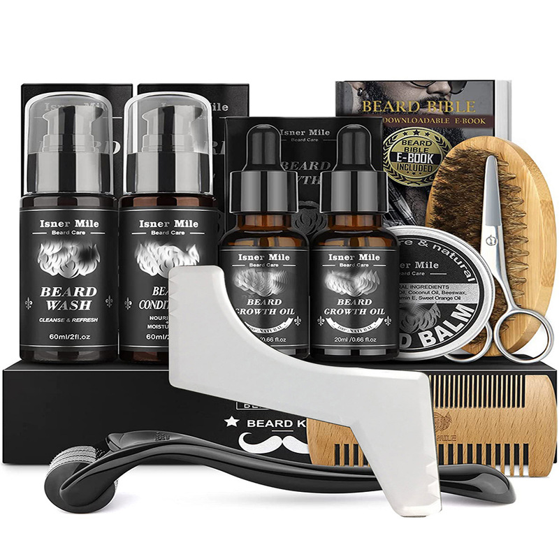 Cross-Border E-Commerce Men's 504 Roller Beard Set Care Double-Sided Comb Growth Liquid Balm Beard Wash Beard Brush Cross-Border E-Commerce Men's 504 Roller Beard Set Care Double-Sided Comb Growth Liquid Balm Beard Wash Beard Brush