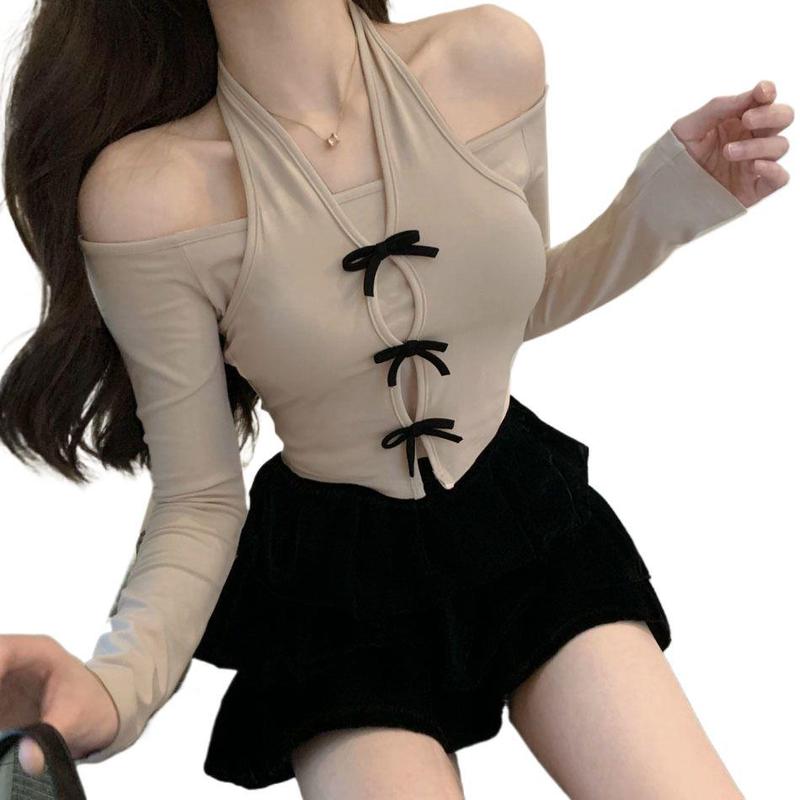 纯欲风挂脖甜美一字肩上衣女短款秋季露肩洋气小众ins修身长袖T恤|undefined