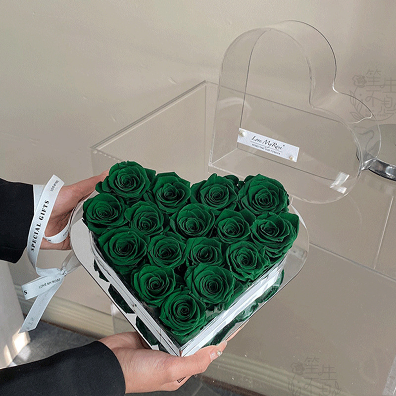 Rosa eterna de flores reales con temática de amor, producto terminado en caja de regalo acrílica, un regalo de alta gama para novia en el Día de San Valentín chino.