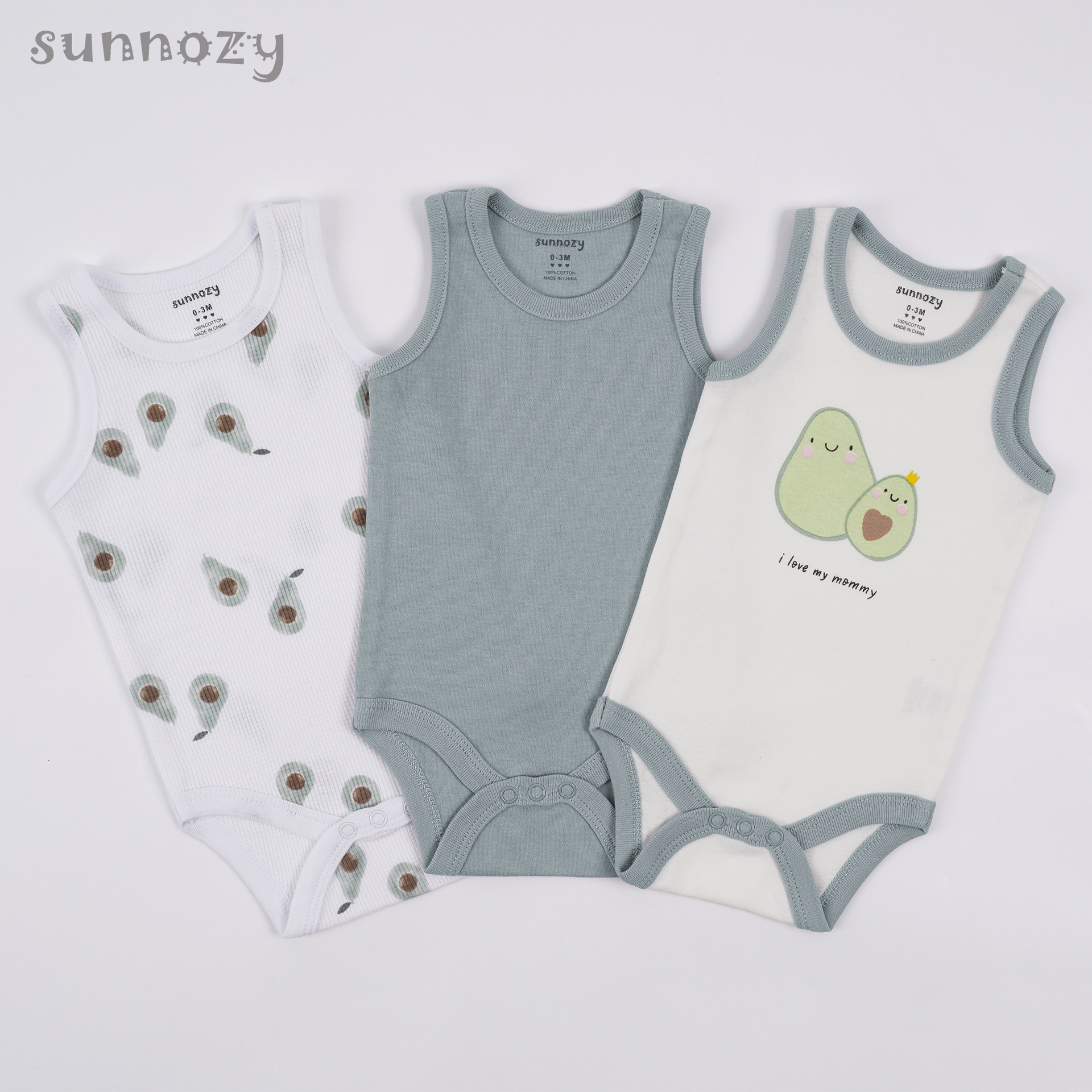 Conjunto de tres piezas de verano sin mangas para recién nacido, mono de algodón puro Clase A con estampado, venta al por mayor.