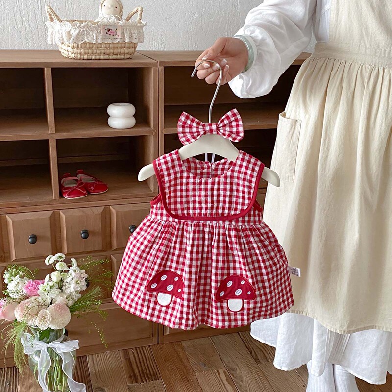 Summer New Style Girls' Korean-Style Red Plaid Sleeveless Romper Dress with a Stylish Mushroom Design for Baby Full Moon Celebration