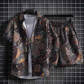 厂家直销夏季新款休闲运动套装男短袖衬衫牌五分短裤宽松港风两件