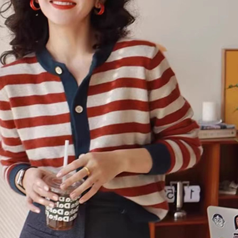 Tweed Style Contrast Color Striped Round Neck Cashmere Cardigan Women's Autumn and Winter New Lazy Style Wool Knitted Sweater Jacket Women