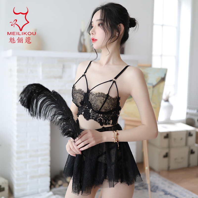 섹시한 여성용 란제리, 노출형 끈 원피스, 레이스 자수 잠옷, 유혹적인 나이트가운, 홈웨어 가운 도매 1182