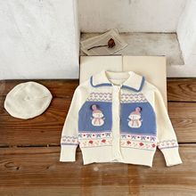 ins韩版女童宝宝纯棉翻领卡通雪人毛衣开衫婴幼童秋冬季毛衣外套